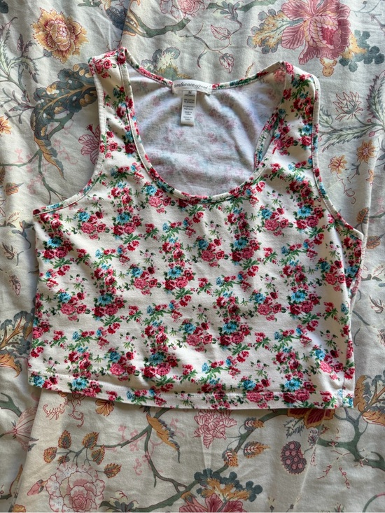 Ambiance Tops - Ambiance Apparel Women's White Floral Crop Tank Scoop Neck Stretch Knit Size M